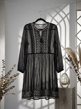 Sheer Women's Black Embroidered Long Sleeve Peasant Dress Whimsygoth Goblincore